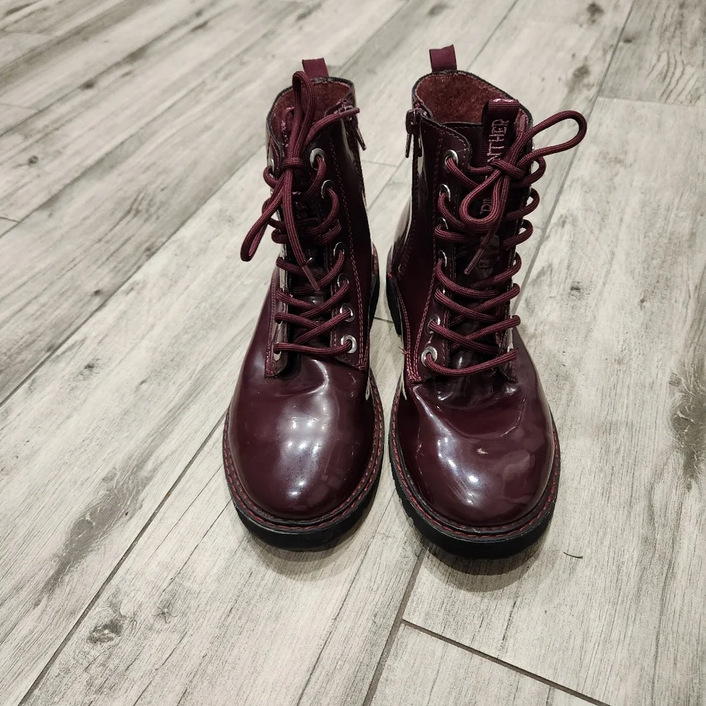 Zara Kids Pink Panther Burgundy Lace Up Patton Leather Combat Boots 38/6 EU